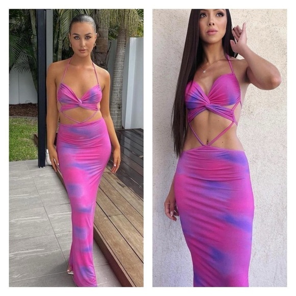 I.AM.GIA Pink Purple Cloud Print Karlie Cutout Halter Bodycon Maxi Dress S Sexy - Picture 3 of 16